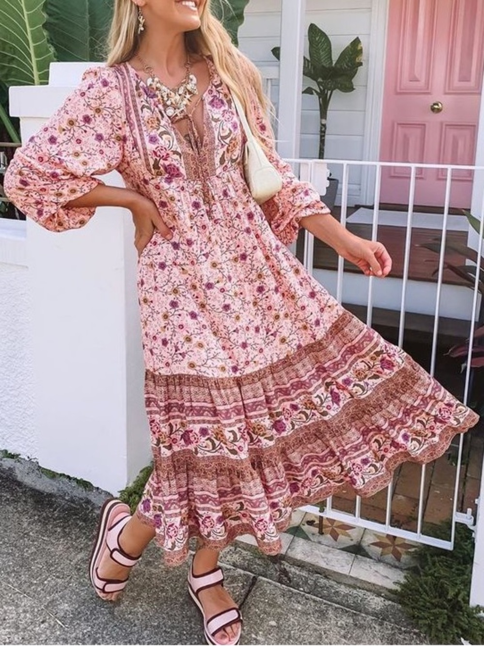 Pink Floral Boho Tie-Neck Dress